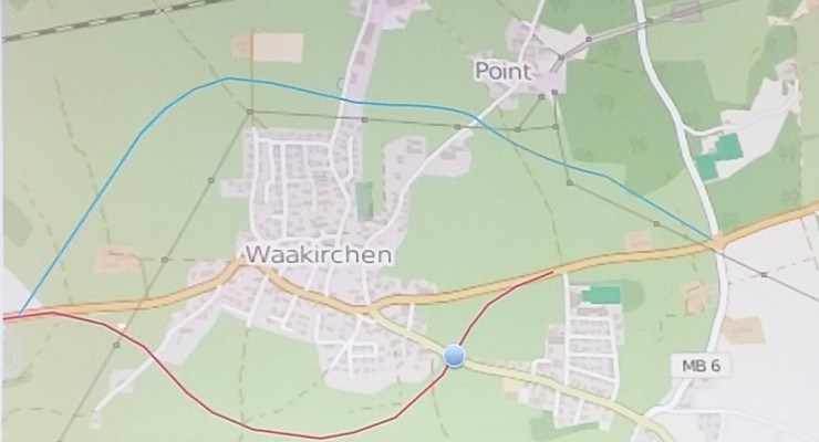 Die Nordspange (blau) und die Südspange (rot) als Ortsumgehungen für Waakirchen.