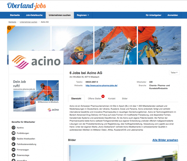 Eine beispielhafte Unternehmensseite auf Oberland-Jobs.de