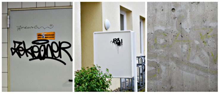 Nicht nur am Bahnhof (Bild links) lassen sich Graffiti-Schmierereien beobachten, sondern auch in privaten Wohngebieten (Mitte). Die Eigentümer sind selbst dafür verantwortlich die "Kunstwerke" zu entfernen (rechts). 