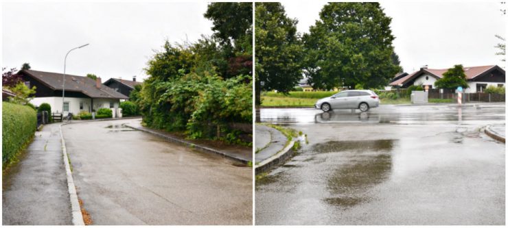 Die Anwohner der kleinen Karwendelstraße, möchten das grüne Aussehen ihrer Straße erhalten (links). Ihre Angst: Ein Ausbau könnte Autofahrer der Tölzerstraße anlocken, die den Weg als Abkürzung nehmen (rechts).